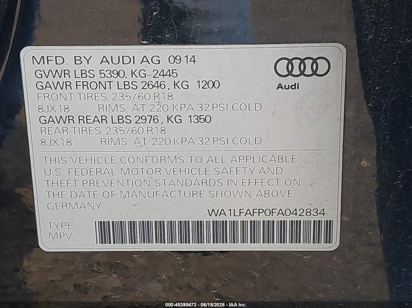 2015 Audi Q5 VIN WA1LFAFP0FA042834 IAAI salvage auction — NORMAL WEAR, Clear (Montana), sold $1,100 on 2026-07-29 (photo 9)