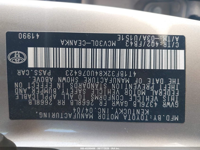 2004 Toyota Camry VIN 4T1BF32K84U076423 IAAI salvage auction — NORMAL WEAR, Clear (Utah), sold $350 on 2026-07-09 (photo 9)