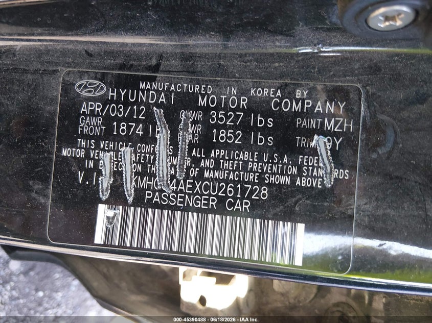 2012 Hyundai Accent VIN KMHCU4AEXCU261728 IAAI salvage auction — NORMAL WEAR, Original (Ohio), sold $250 on 2026-07-22 (photo 9)
