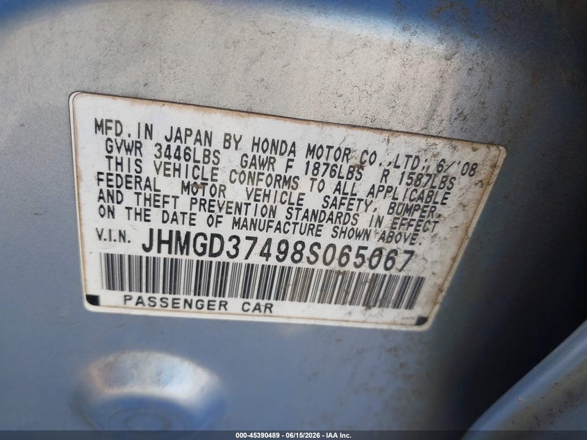 2008 Honda Fit VIN JHMGD37498S065067 IAAI salvage auction — NORMAL WEAR, Clear (Pennsylvania), sold $700 on 2026-07-19 (photo 9)