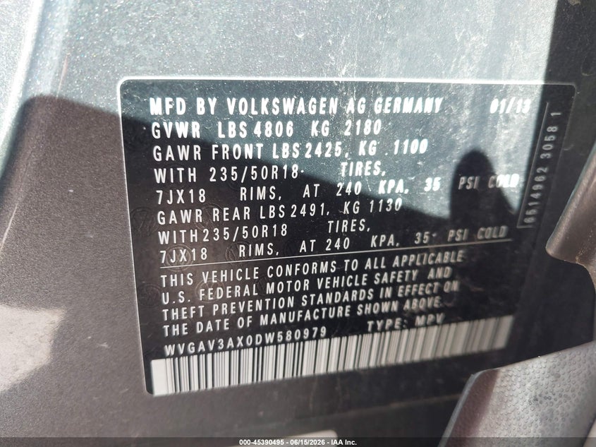 2013 Volkswagen Tiguan VIN WVGAV3AX0DW580979 IAAI salvage auction — NORMAL WEAR, Clear (Illinois), sold $200 on 2026-07-21 (photo 9)