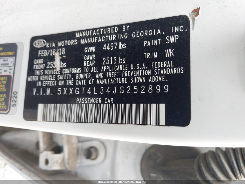 2018 Kia Optima VIN 5XXGT4L34JG252899 IAAI salvage auction — NORMAL WEAR, Clear (South Carolina), sold $975 on 2026-07-07 (photo 9)