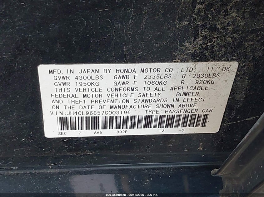 2007 Acura Tsx VIN JH4CL96857C003196 IAAI salvage auction — NORMAL WEAR, Clear (Indiana), sold $400 on 2026-07-09 (photo 9)