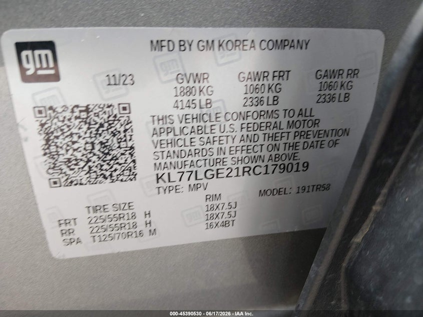2024 Chevrolet Trax VIN KL77LGE21RC179019 IAAI salvage auction — FRONT END, Salvage (Mississippi), sold $5,550 on 2026-07-22 (photo 9)