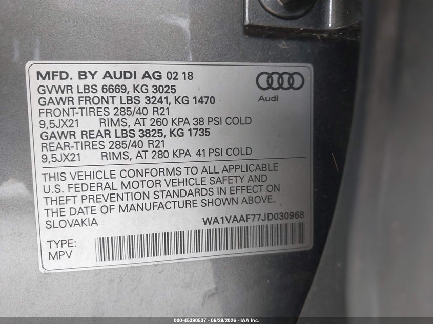 2018 Audi Q7 VIN WA1VAAF77JD030968 IAAI salvage auction — NORMAL WEAR, Clear (Florida), sold $7,850 on 2026-07-07 (photo 9)
