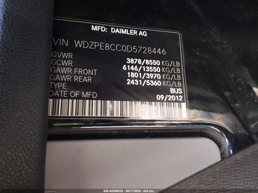 2013 Mercedes-benz Sprinter VIN WDZPE8CC0D5728446 IAAI salvage auction — FRONT END, Salvage (Virginia), sold $5,275 on 2026-07-14 (photo 9)