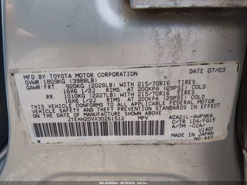 2003 Toyota Rav4 VIN JTEHH20VX30261512 IAAI salvage auction — NORMAL WEAR, Original (Ohio), sold $375 on 2026-07-22 (photo 9)