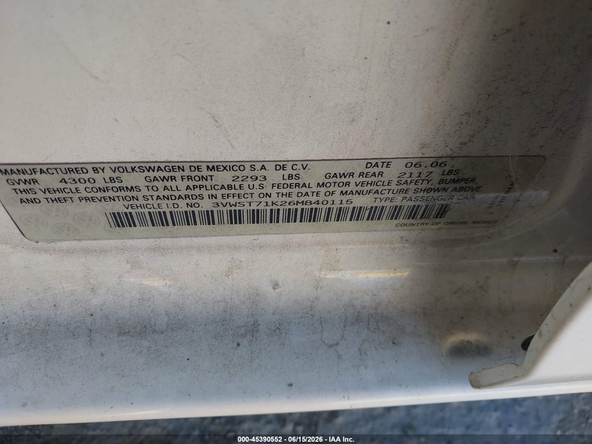 2006 Volkswagen Jetta VIN 3VWST71K26M840115 IAAI salvage auction — NORMAL WEAR, Clear - Dealer Only (California), sold $475 on 2026-07-09 (photo 9)