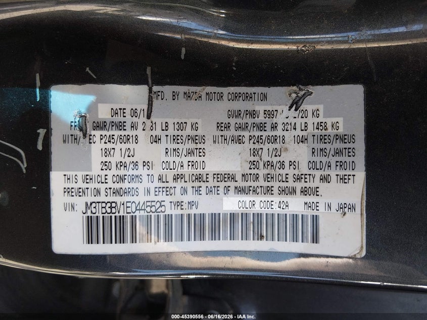 2014 Mazda Cx-9 VIN JM3TB3BV1E0445525 IAAI salvage auction — NORMAL WEAR, Clear (Washington), sold $925 on 2026-07-29 (photo 9)