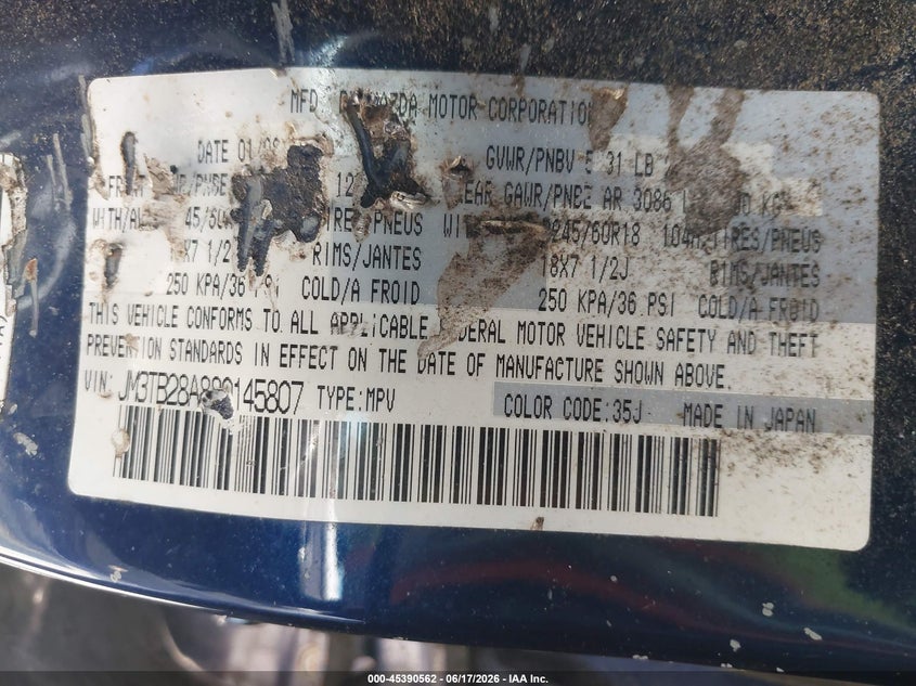 2008 Mazda Cx-9 VIN JM3TB28A880145807 IAAI salvage auction — NORMAL WEAR, Original (Texas), sold $325 on 2026-07-29 (photo 9)