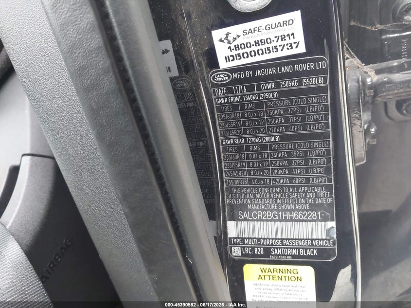 2017 Land rover Discovery sport VIN SALCR2BG1HH662281 IAAI salvage auction — NORMAL WEAR, Salvage Title, sold $500 on 2026-07-29 (photo 9)