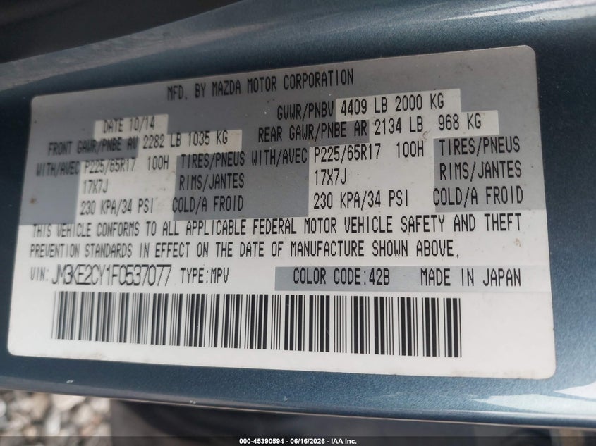 2015 Mazda Cx-5 VIN JM3KE2CY1F0537077 IAAI salvage auction — NORMAL WEAR, Clear (Georgia), sold $2,125 on 2026-07-17 (photo 9)