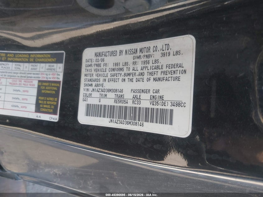2006 Nissan 350z VIN JN1AZ34D36M308146 IAAI salvage auction — NORMAL WEAR, Clear - Dealer Only (California), sold $1,150 on 2026-07-21 (photo 9)