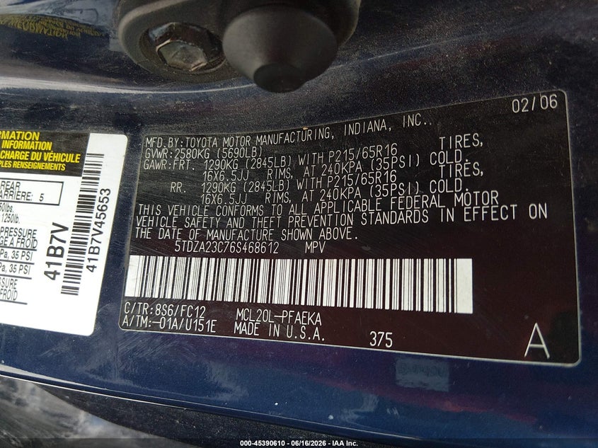 2006 Toyota Sienna VIN 5TDZA23C76S468612 IAAI salvage auction — NORMAL WEAR, Original (West Virginia), sold $200 on 2026-07-15 (photo 9)