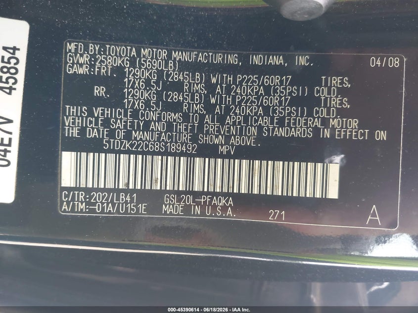 2008 Toyota Sienna VIN 5TDZK22C68S189492 IAAI salvage auction — NORMAL WEAR, Clear (Georgia), sold $1,050 on 2026-07-09 (photo 9)