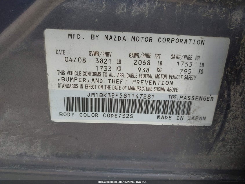2008 Mazda 3 VIN JM1BK32F581147281 IAAI salvage auction — NORMAL WEAR, Clear (Florida), sold $300 on 2026-07-14 (photo 9)