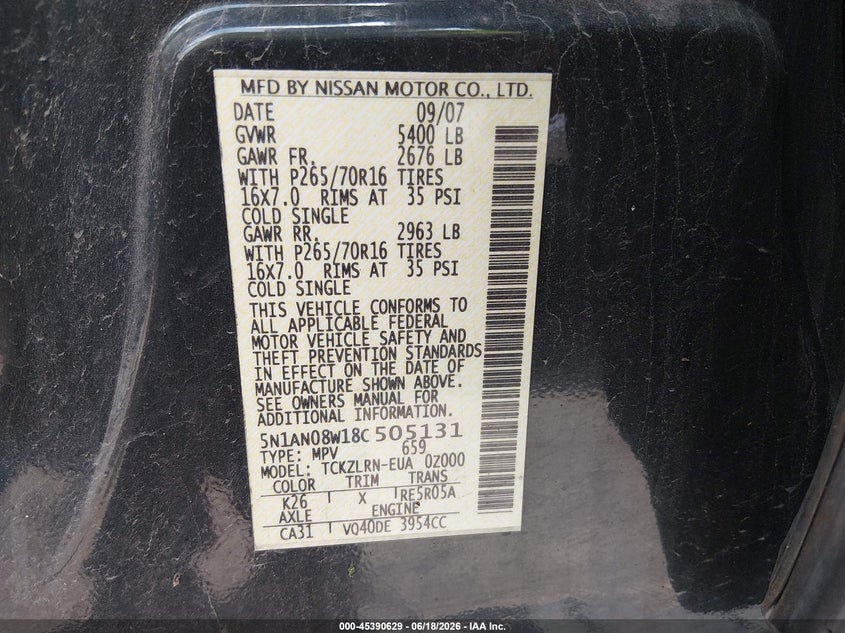 2008 Nissan Xterra VIN 5N1AN08W18C505131 IAAI salvage auction — FRONT END, Salvage (Ohio), sold $475 on 2026-07-17 (photo 9)