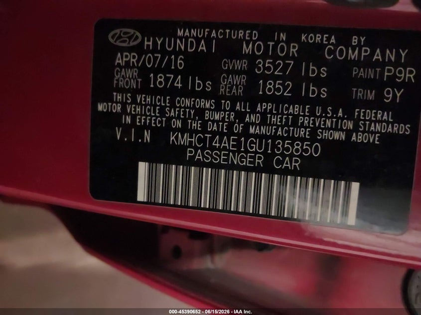 2016 Hyundai Accent VIN KMHCT4AE1GU135850 IAAI salvage auction — NORMAL WEAR, Salvage Title, sold $250 on 2026-07-29 (photo 9)