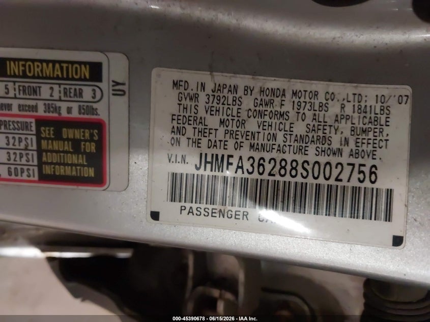 2008 Honda Civic hybrid VIN JHMFA36288S002756 IAAI salvage auction — NORMAL WEAR, Clear (Minnesota), sold $250 on 2026-07-15 (photo 9)