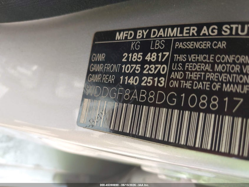 2013 Mercedes-benz C-klasse VIN WDDGF8AB8DG108817 IAAI salvage auction — NORMAL WEAR, Clear-Dealer Only (Arizona), sold $1,100 on 2026-07-21 (photo 9)