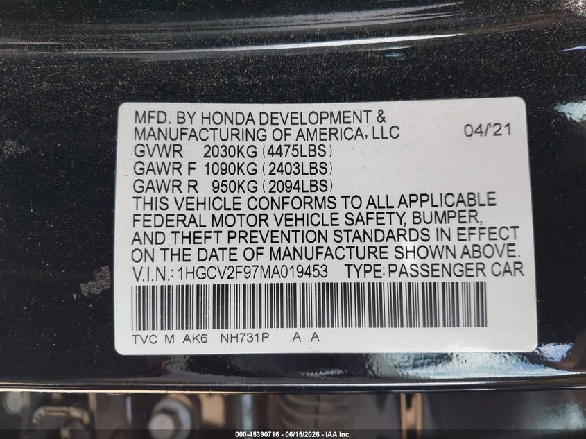 2021 Honda Accord VIN 1HGCV2F97MA019453 IAAI salvage auction — FRONT END, Salvage Title, sold $8,000 on 2026-07-23 (photo 9)