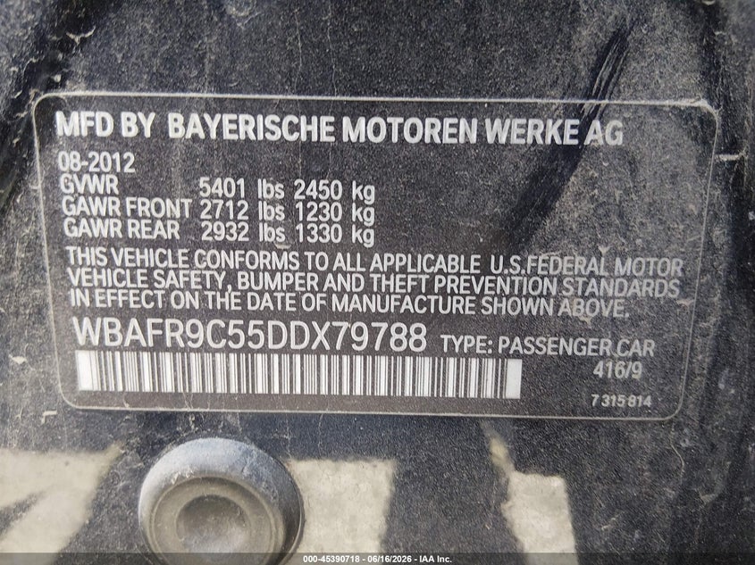 2013 BMW 5er VIN WBAFR9C55DDX79788 IAAI salvage auction — NORMAL WEAR, Regular (Nevada), sold $800 on 2026-07-24 (photo 9)
