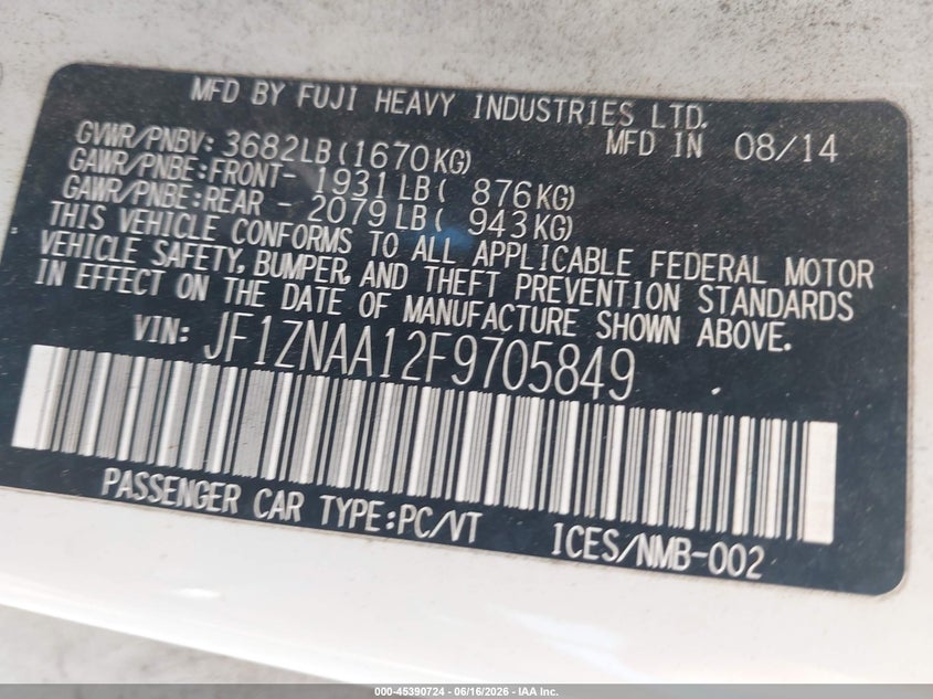 2015 Scion Fr-s VIN JF1ZNAA12F9705849 IAAI salvage auction — SIDE, Salvage Title, sold $2,800 on 2026-07-17 (photo 9)