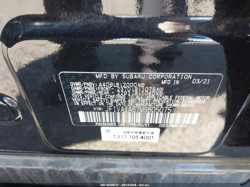 2021 Subaru Wrx VIN JF1VA1A67M9805075 IAAI salvage auction — LEFT REAR, Salvage (California), sold $6,725 on 2026-07-13 (photo 9)