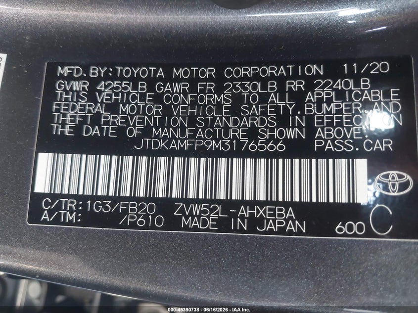 2021 Toyota Prius VIN JTDKAMFP9M3176566 IAAI salvage auction — FRONT END, Salvage (California), sold $5,700 on 2026-07-06 (photo 9)