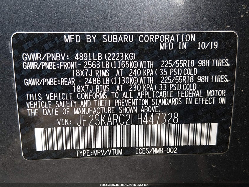 2020 Subaru Forester VIN JF2SKARC2LH447328 IAAI salvage auction — LEFT & RIGHT, Salvage Title, sold $1,700 on 2026-07-15 (photo 9)