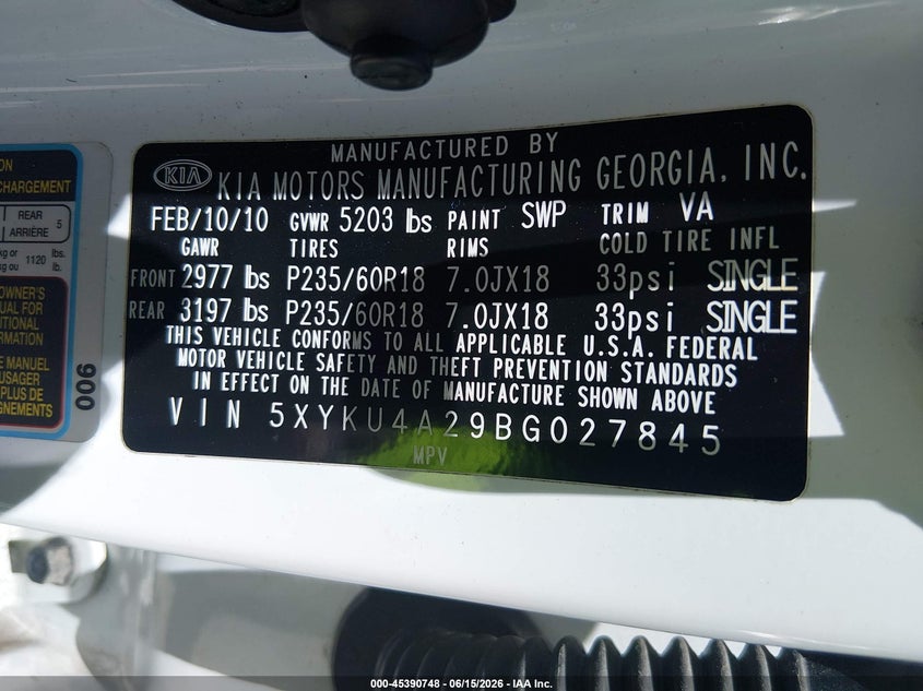 2011 Kia Sorento VIN 5XYKU4A29BG027845 IAAI salvage auction — NORMAL WEAR, Clear (Missouri), sold $1,000 on 2026-07-07 (photo 9)