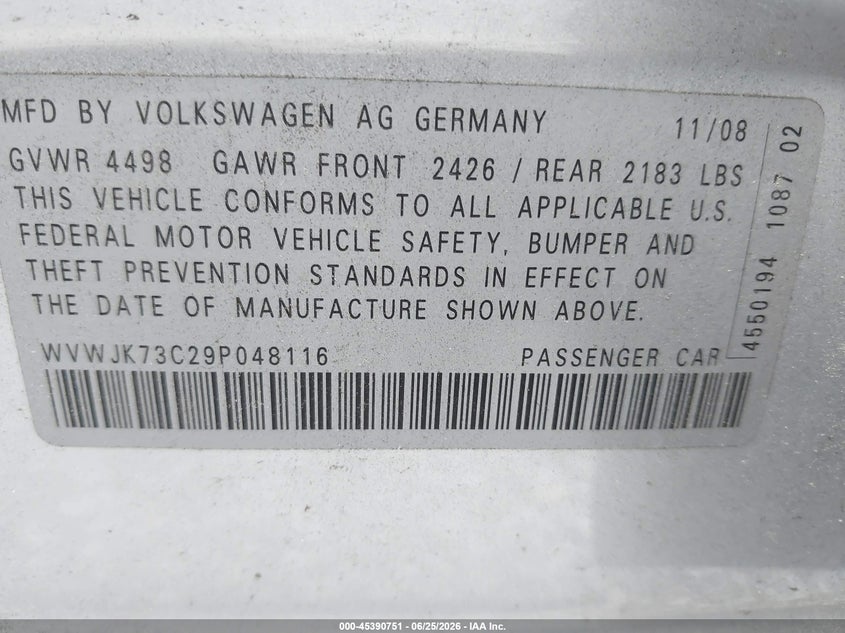 2009 Volkswagen Passat VIN WVWJK73C29P048116 IAAI salvage auction — NORMAL WEAR, Repossession Paperwork (Georgia), sold $1,475 on 2026-07-08 (photo 9)