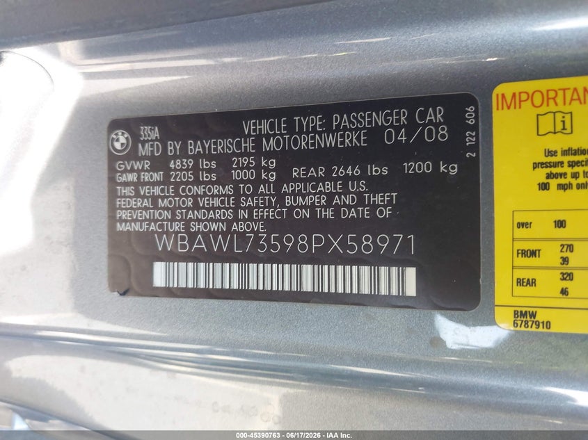 2008 BMW 3er VIN WBAWL73598PX58971 IAAI salvage auction — FRONT END, Salvage (California), sold $425 on 2026-07-06 (photo 9)