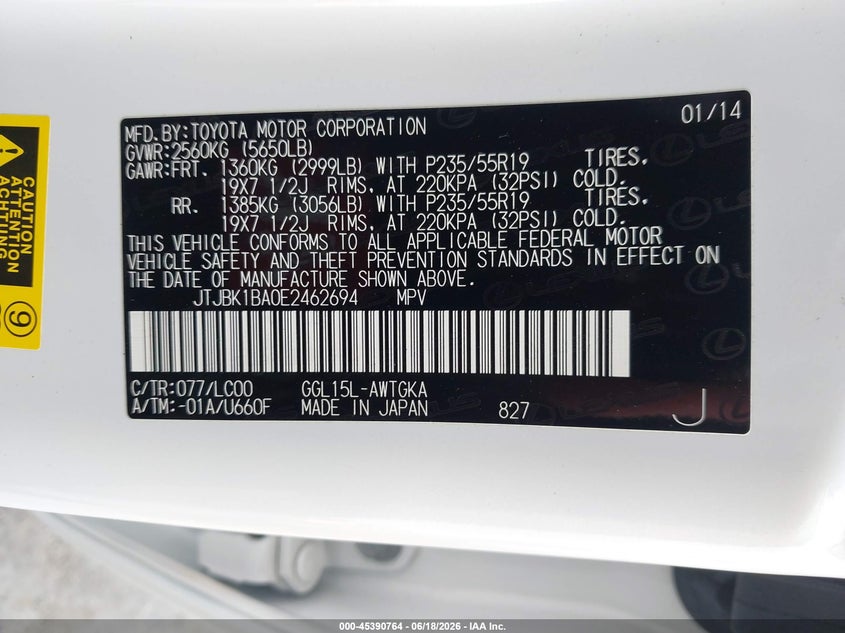 2014 Lexus Rx VIN JTJBK1BA0E2462694 IAAI salvage auction — RIGHT SIDE, Salvage (California), sold $5,600 on 2026-07-23 (photo 9)