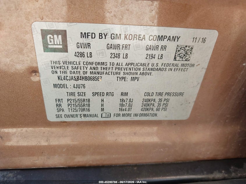 2017 Buick Encore VIN KL4CJASB4HB068567 IAAI salvage auction — RIGHT SIDE, Salvage Title, sold $1,500 on 2026-07-28 (photo 9)