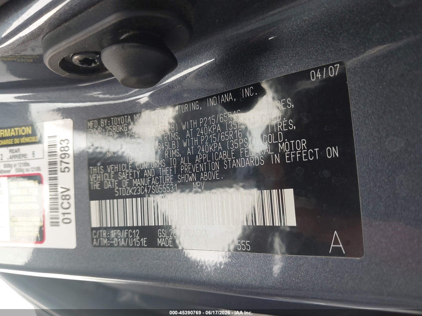 2007 Toyota Sienna VIN 5TDZK23C47S055531 IAAI salvage auction — FRONT END, Salvage (California), sold $1,400 on 2026-07-06 (photo 9)