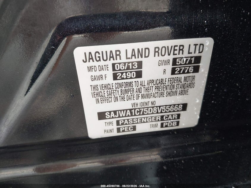 2013 Jaguar Xj series VIN SAJWA1C75D8V55668 IAAI salvage auction — NORMAL WEAR, Clear (Alabama), sold $825 on 2026-07-20 (photo 9)