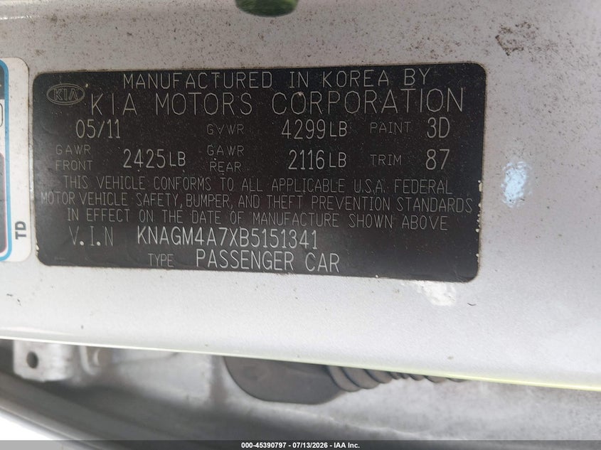 2011 Kia Optima VIN KNAGM4A7XB5151341 IAAI salvage auction — NORMAL WEAR, Clear (Tennessee), sold $450 on 2026-07-23 (photo 9)