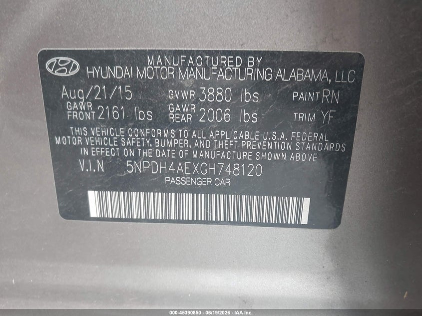 2016 Hyundai Elantra VIN 5NPDH4AEXGH748120 IAAI salvage auction — NORMAL WEAR, Clear (Alabama), sold $900 on 2026-07-19 (photo 9)