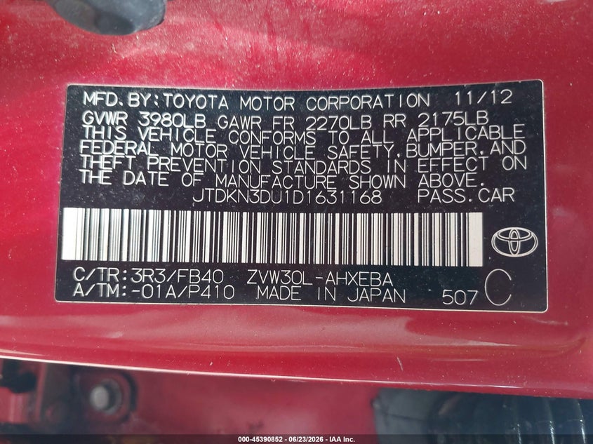 2013 Toyota Prius VIN JTDKN3DU1D1631168 IAAI salvage auction — NORMAL WEAR, Clear (Alabama), sold $650 on 2026-07-28 (photo 9)