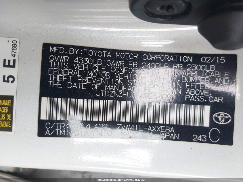 2015 Toyota Prius v VIN JTDZN3EU0FJ025408 IAAI salvage auction — UNKNOWN, Rebuildable (Florida), sold $2,550 on 2026-07-28 (photo 9)