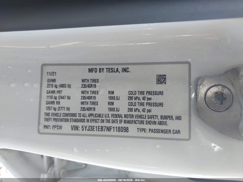 2022 Tesla Model 3 VIN 5YJ3E1EB7NF118098 IAAI salvage auction — LEFT FRONT, Salvage (Delaware), sold $6,000 on 2026-07-31 (photo 7)