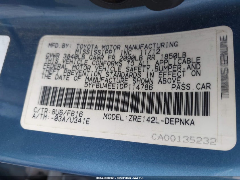 2013 Toyota Corolla VIN 5YFBU4EE1DP114786 IAAI salvage auction — NORMAL WEAR, Clear (Pennsylvania), sold $2,450 on 2026-07-07 (photo 9)