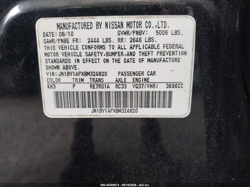 2011 Infiniti M37 VIN JN1BY1APXBM324820 IAAI salvage auction — NORMAL WEAR, Clear (Florida), sold $550 on 2026-07-21 (photo 9)