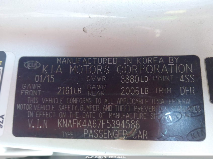 2015 Kia Forte VIN KNAFK4A67F5394586 IAAI salvage auction — FRONT END, Clear (Arizona), sold $250 on 2026-07-14 (photo 9)