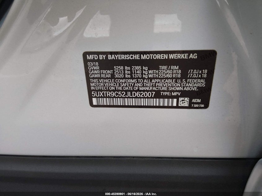 2018 BMW X3 VIN 5UXTR9C52JLD62007 IAAI salvage auction — FRONT & REAR, Salvage Title, sold $6,500 on 2026-07-23 (photo 9)