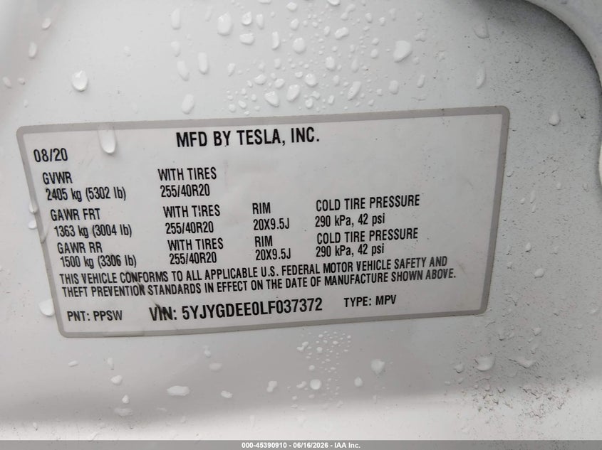 2020 Tesla Model y VIN 5YJYGDEE0LF037372 IAAI salvage auction — SIDE, Salvage (Georgia), sold $3,150 on 2026-07-25 (photo 9)