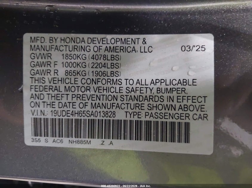2025 Acura Integra VIN 19UDE4H65SA013828 IAAI salvage auction — FRONT END, Salvage Title, sold $1,850 on 2026-07-19 (photo 9)