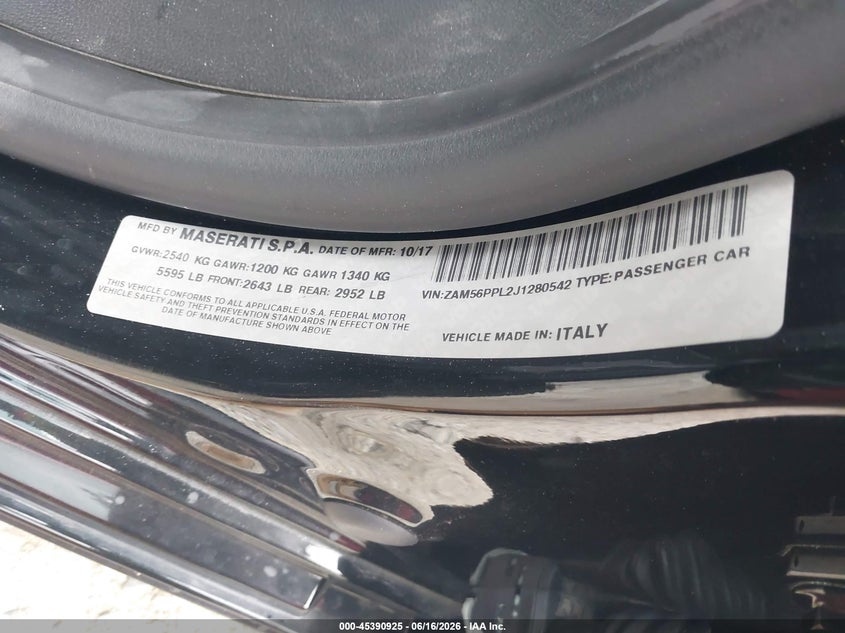 2018 Maserati Quattroporte VIN ZAM56PPL2J1280542 IAAI salvage auction — NORMAL WEAR, Clear (Georgia), sold $15,150 on 2026-07-14 (photo 9)