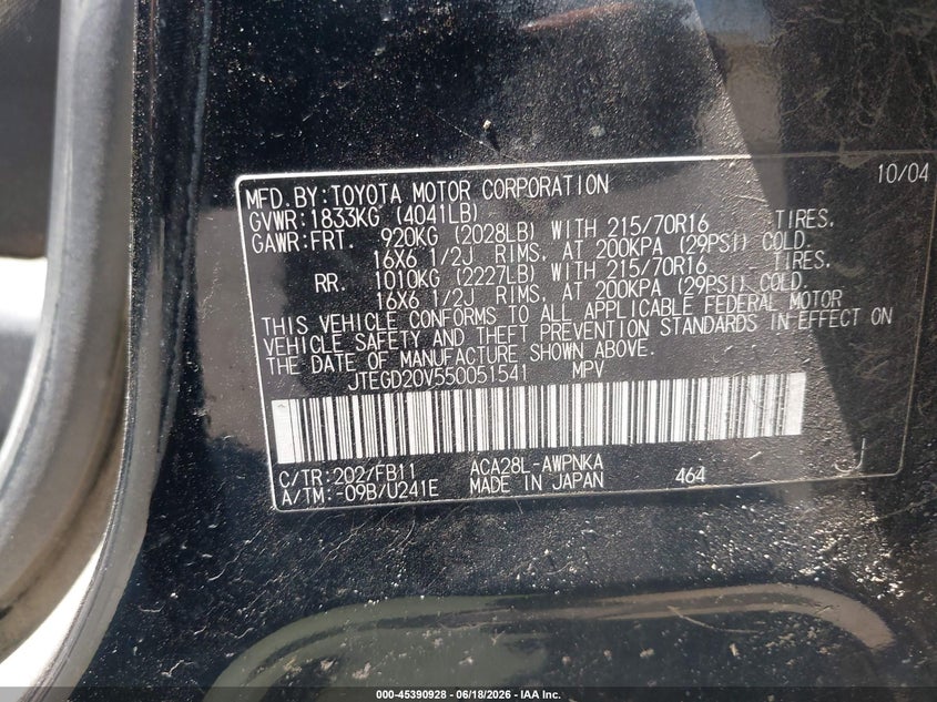 2005 Toyota Rav4 VIN JTEGD20V550051541 IAAI salvage auction — NORMAL WEAR, Salvage Title - Dealer (California), sold $875 on 2026-07-21 (photo 9)